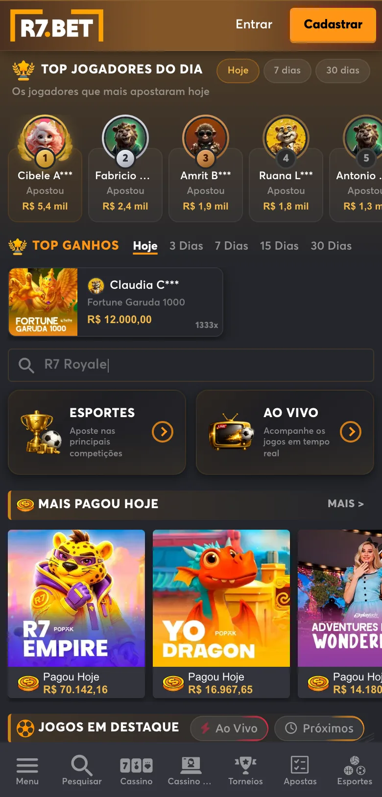 R7.BET no celular, página inicial